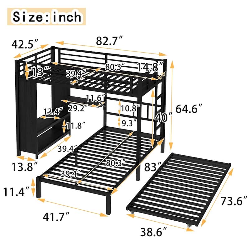 Metal Twin/Full/Queen Over Twin Bunk Bed with Trundle, Built-in Wardrobe, Foldable Desk, and Ladder, Black