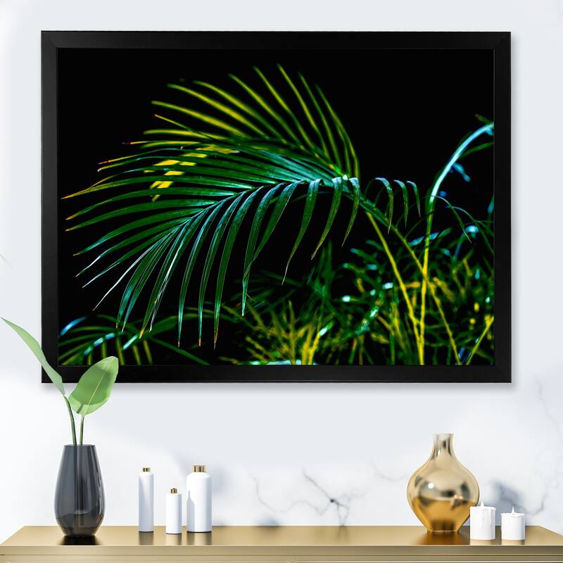 Designart "Abstract Tropical Green Palm Leaves" Tropical Framed Art Print - 20 In. Wide x 12 In. High - Black