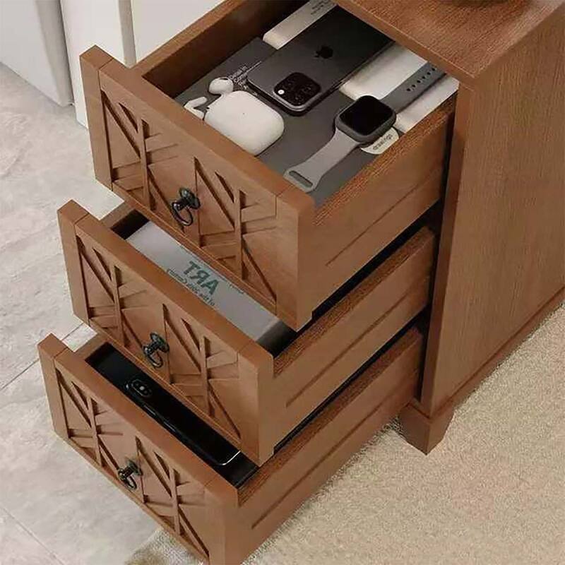 Elegant X-Carved End Table with 3 Drawers,2 Open Shelves,and Charging Station for Modern Bedrooms and Corners