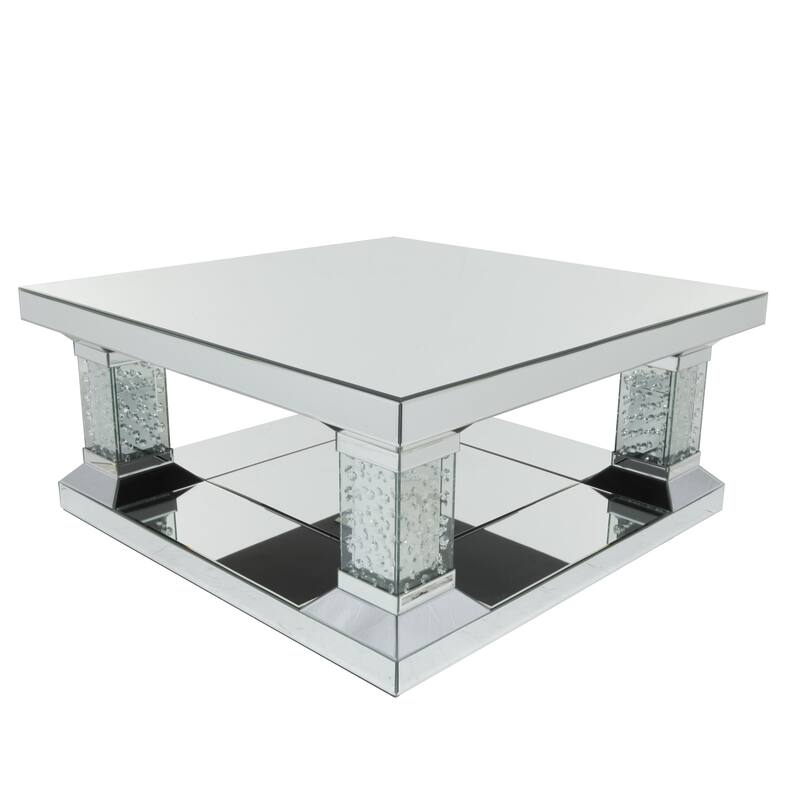 Glass Mirrored Coffee Table with Crystal Embellishments - Silver - Roche River Decor