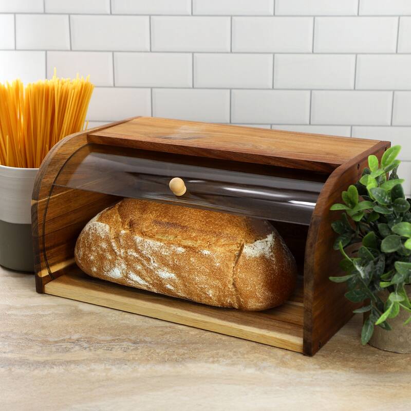 MegaChef Acacia Wood Bread Box with Sliding Plastic Lid