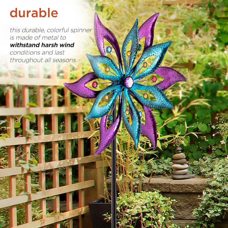 Alpine Corporation 64" Tall Outdoor Floral Windmill Stake with Gems Kinetic Spinner, Purple and Aqua