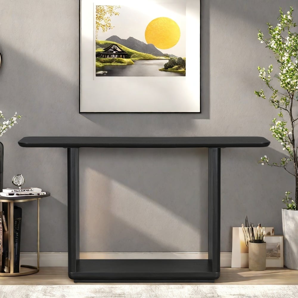 59.8" MDF Console Table with U-Shaped Base and Acacia Veneer for Living Room