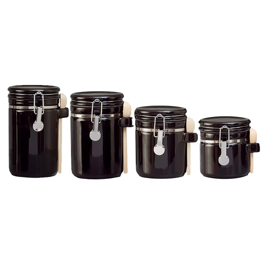 Home Basics Ceramic Canister Set 4 Piece High Gloss Wooden Spoons - 7.75" H x 5.2" L x 6.2" W