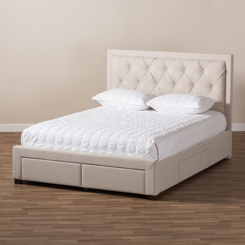 Modern Fabric Storage Bed - Beige Upholstered Platform Bed Frame - Low Profile Bed for Bedrooms
