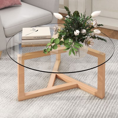 Modern Round Coffee Table, 35" Glass Round Coffee Table, Easy Assembly Tempered Glass Coffee Table w/ Wood Frame for Living Room