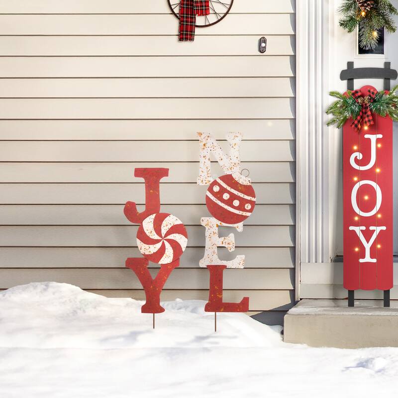 Glitzhome 36"H Christmas Rusty Metal JOY & NOEL Sign Yard Stakes Garden Decor (Two Functions)
