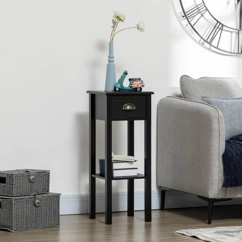 29" 2-Tier Side Table with Drawer and Shelf, Black MDF