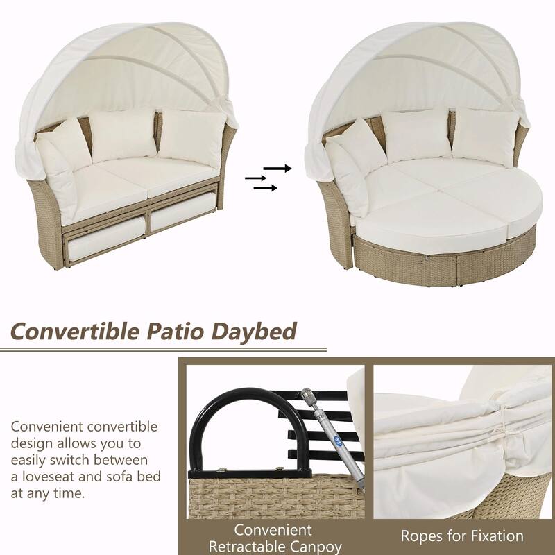 Outdoor Wicker Rattan Double Daybed with Retractable Canopy
