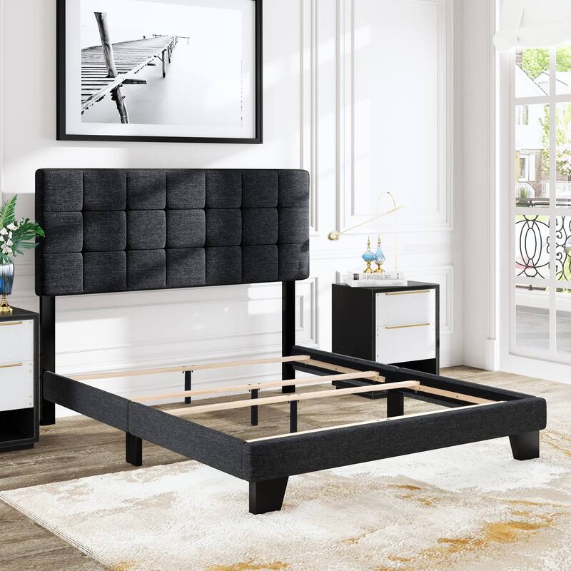 Full Panel Bed Frame with Adjustable Headboard for High Profile/Fabric Upholstered/Square Stitched Padded Headboard