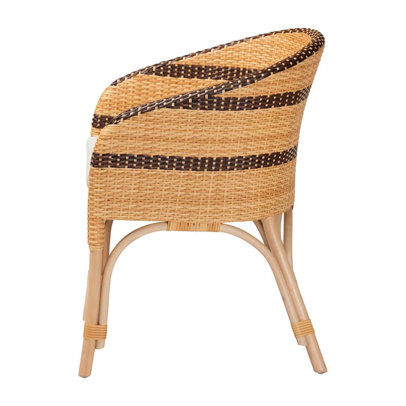 Elma Rattan Dining Chair with Cushion - Barrel-Back Accent Chair with Synthetic and Natural Rattan, Boho Coastal Style