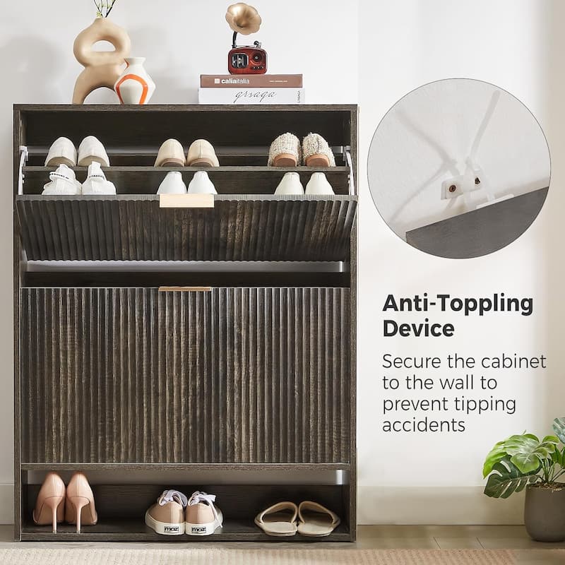 31.5''W Slim Shoe Cabinet, Fluted Hidden Shoe Storage Cabinet with 2 Flip Drawers, Wooden Fluted Shoe Rack