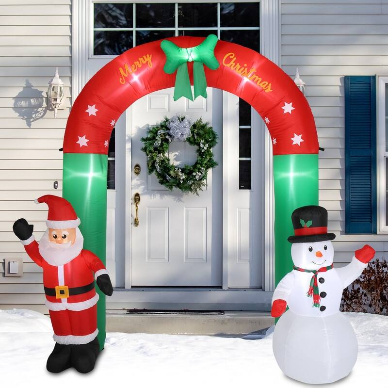 8 Ft. Tall Christmas Arch with Snowman and Santa Inflatables Outdoor Decoration with LED Lights