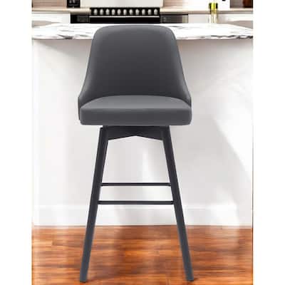 30" Gray and Black Faux Leather with Solid Wood Swivel Bar Height Bar Chair