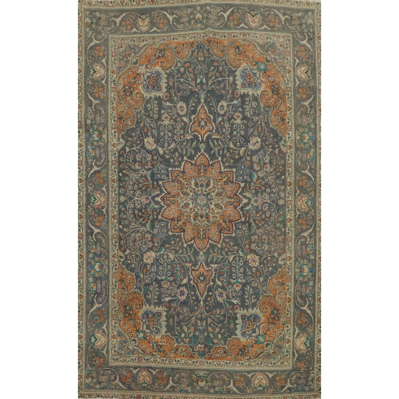 Hand Knotted Oriental 100% Wool Carpet Traditional Floral Greys & Charcoal Tabriz Area Rug - 10' 2'' X 6' 5''