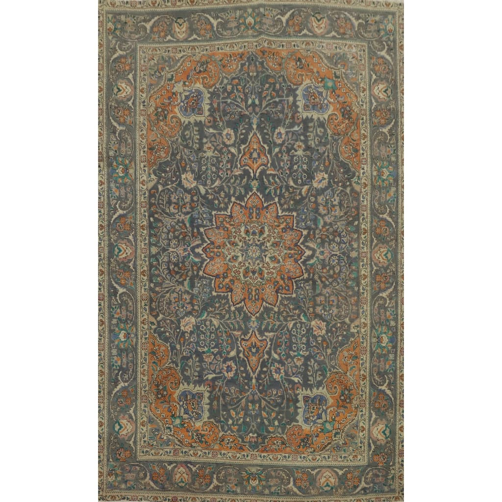 Hand Knotted Oriental 100% Wool Carpet Traditional Floral Greys & Charcoal Tabriz Area Rug - 10' 2'' X 6' 5''