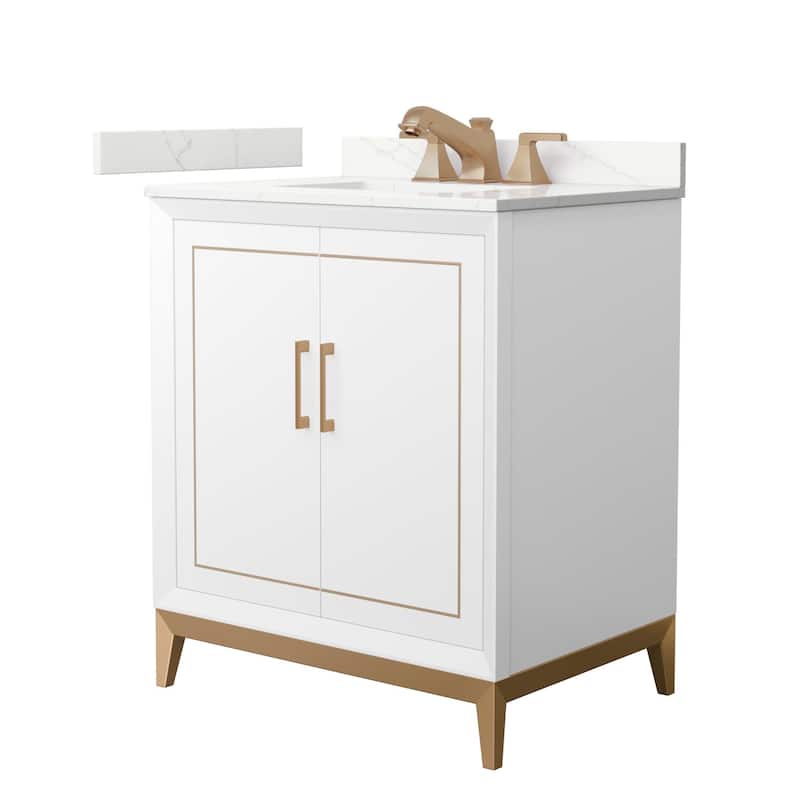 Wyndham Collection WCH515130S-QTZ-US3MXX Marlena 30" Free Standing - White / Giotto Quartz Top / Satin Bronze Hardware