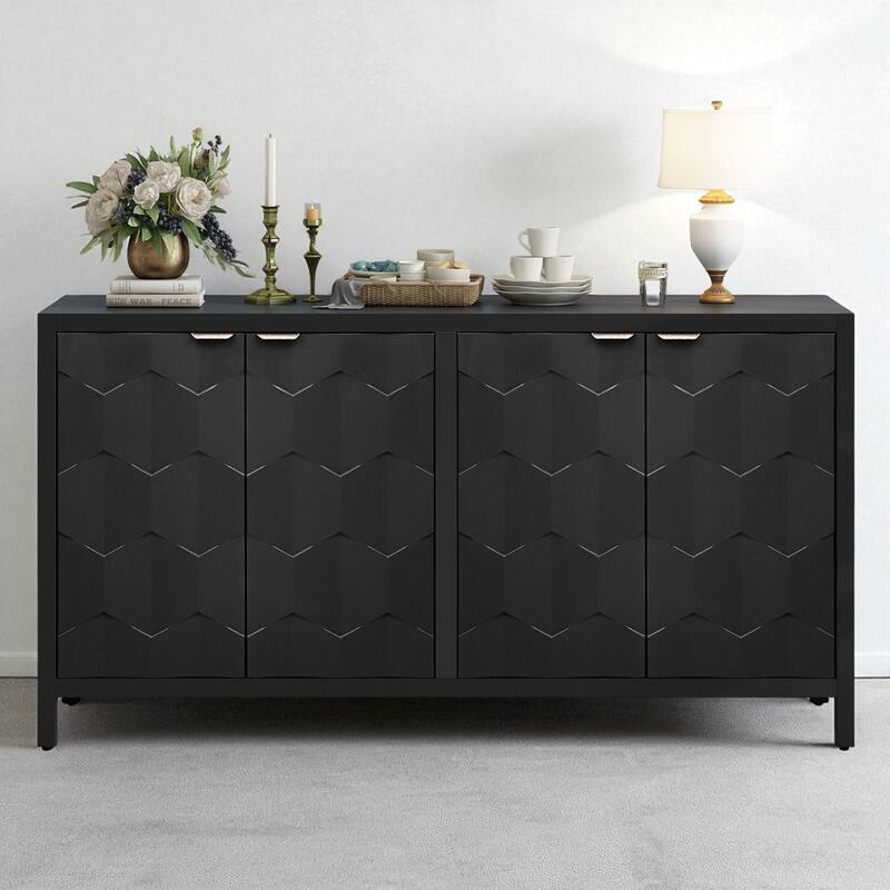 Luxurious Four-Door Sideboard with Honeycomb Pattern and Vintage Metal Handles - 59.60" MDF Cabinet - Black