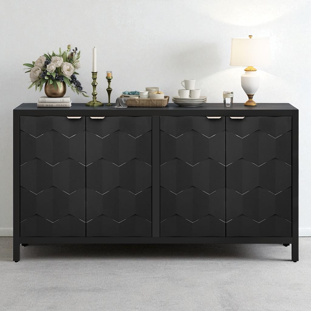 Luxurious Four-Door Sideboard with Honeycomb Pattern and Vintage Metal Handles - 59.60" MDF Cabinet