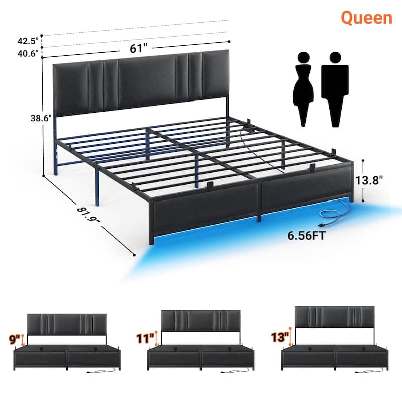 Platform Bed Frame with Ajustable Upholstered Headboard, Bed with USB Port and Charge Station