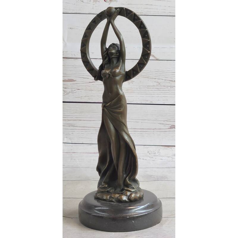 Gaia Girl Holding Moon In Front Of Sun Bronze Statue Sculpture Figure 12 Inches X 4 Inches