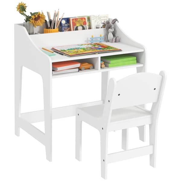 slide 2 of 16, Qaba Kids Desk and Chair Set, Children Study Table with Storage and Shelves, Student Writing Desk, Natural Wood White