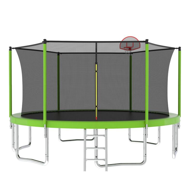 Outdoor Kids Trampoline with Basketball Hoop and Ladder, with Safety Enclosure for Backyard Fun