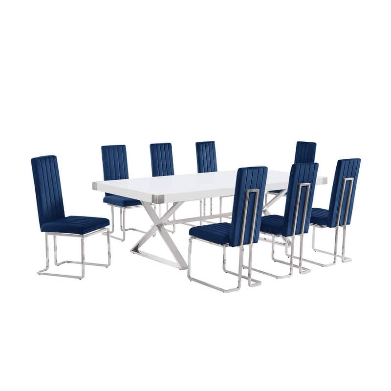 Best Quality Furniture D442/3-SC340-7 Dining Set with 94" White Lacquer Wood Top