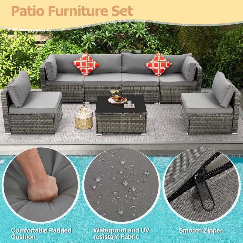 EROMMY 6/7 Piece Modular Outdoor Rattan Sofa Set, All-Weather Wicker Patio Furniture with Storage Table, Cushions & Pillows