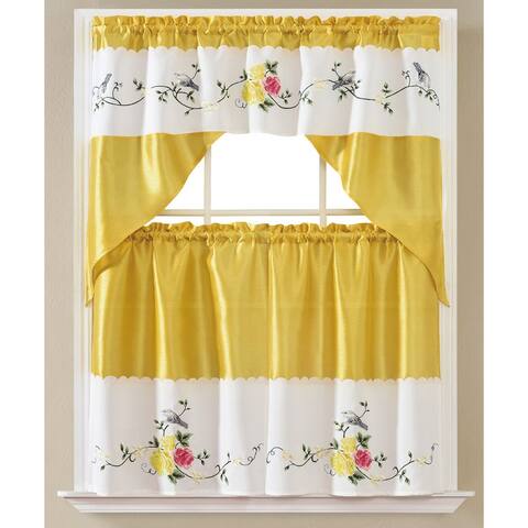Bird 3-Piece Embroidery Kitchen Curtain Set with Swag Valance, Yellow, 30x36 Inches