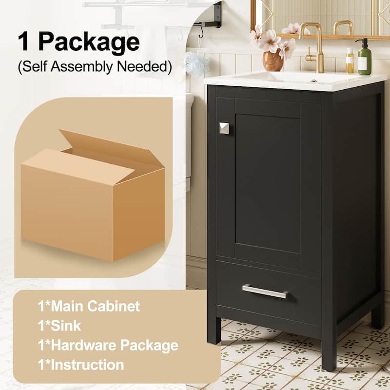 18" Small Bathroom Vanity with Ceramic Sink, Freestanding Storage Cabinet with Soft Close Drawer and Door, Adjustable Shelf