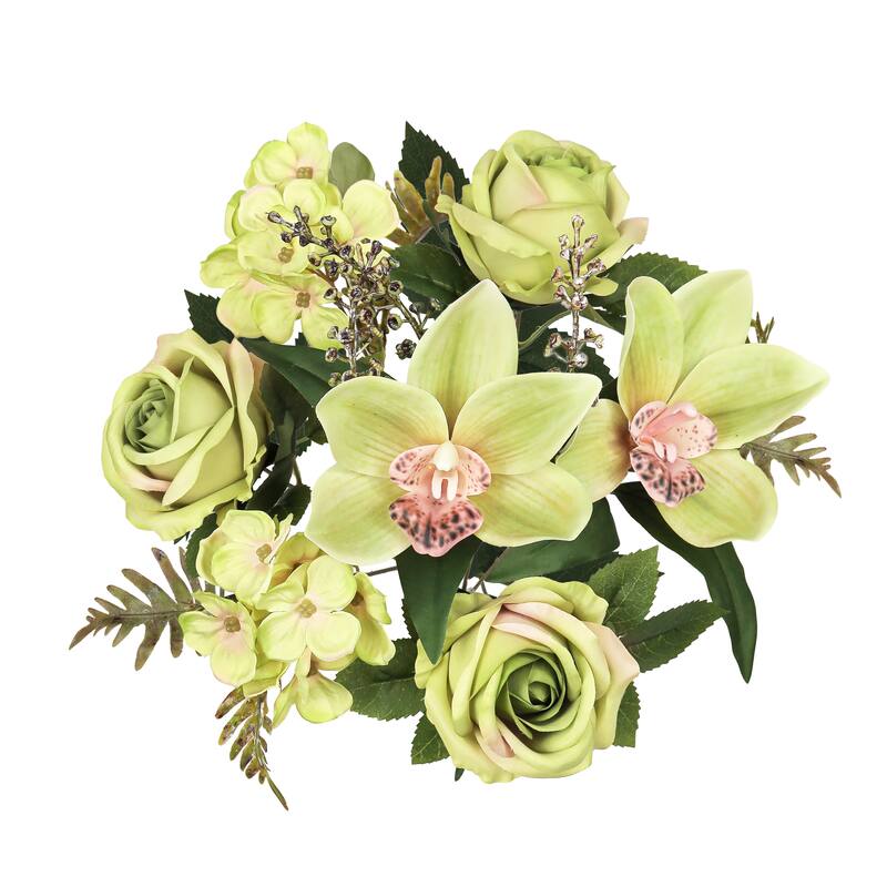 Set of 2 Green Artificial Mixed Rose Cymbidium Orchid Hydrangea Flower Stem Bush Bouquet 16in - 16" L x 9" W x 9" DP