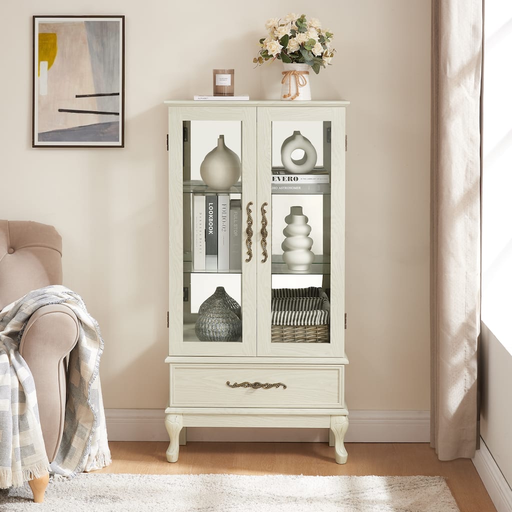 Lighted Curio Cabinet, Multipurpose Glass Display Cabinet, Corner China Cabinet with Adjustable Shelves, 2 Doors & 1 drawer