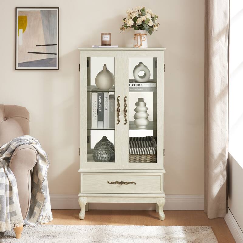 Vintage Display Cabinet with 2 Doors, Adjustable Glass Shelves and 1 Drawer - Antique White