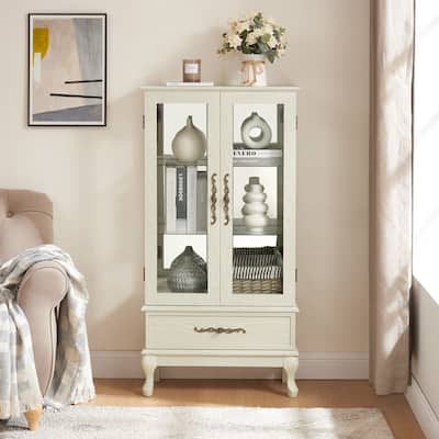 Vintage Display Cabinet with 2 Doors, Adjustable Glass Shelves and 1 Drawer