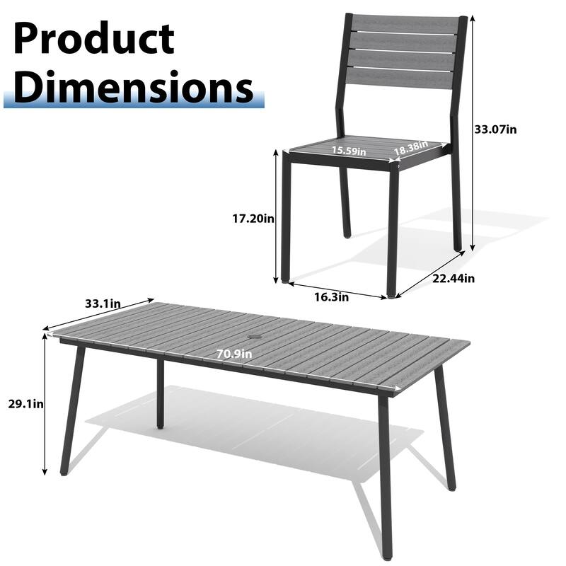 7-Piece Outdoor Patio Dining Set WPC Table Top Alumium Umbrella Hole Table with Stackable Armless Chairs