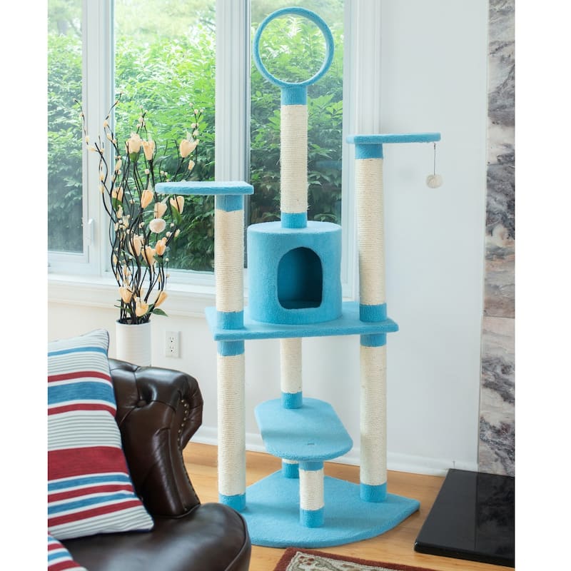 Classic Real Wood Cat Tree In Sky Blue,Five Levels With Perch, Condo - Sky Blue