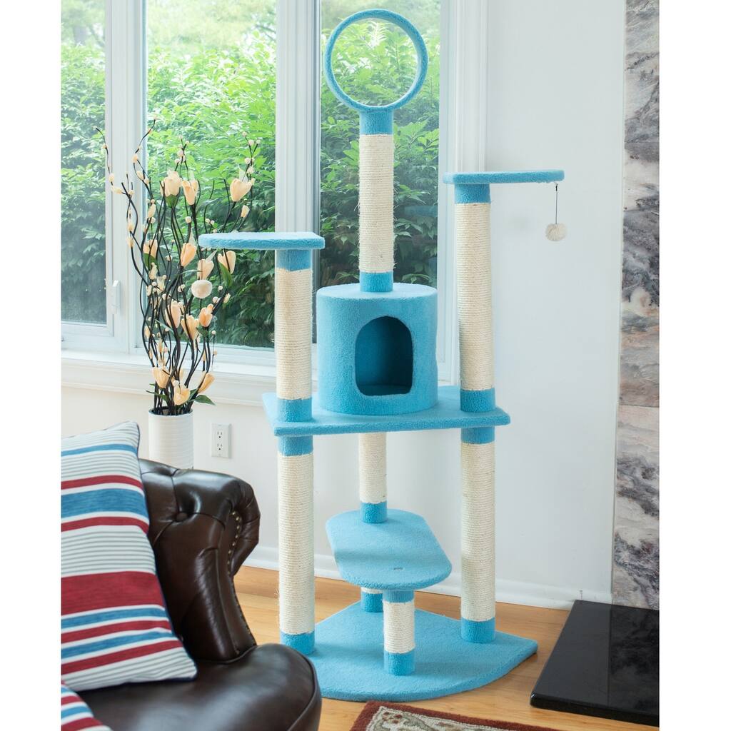 Classic Real Wood Cat Tree In Sky Blue,Five Levels With Perch, Condo