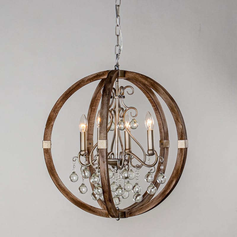 21" Weathered Wooden 4-Light Crystal Orb Foyer Chandelier Light