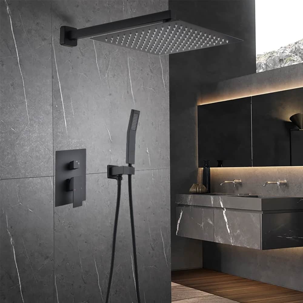 GIVINGTREE Matte Black Ceiling Mounted Shower Faucet with 16" Square Rain Shower Header