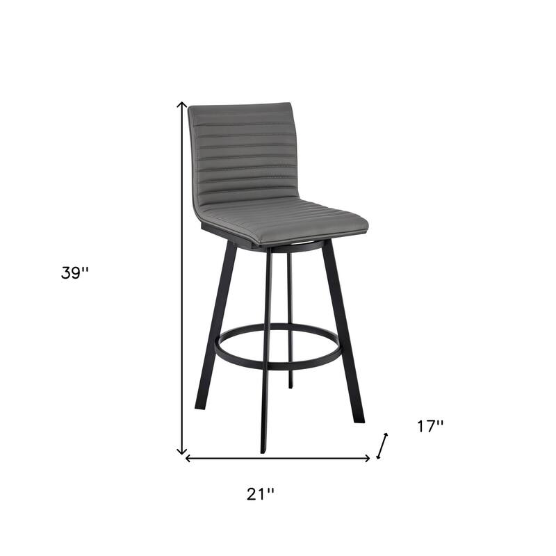 26" Gray And Black Faux Leather And Iron Swivel Counter Height Bar Chair - 39”H x 17”W x 21”D