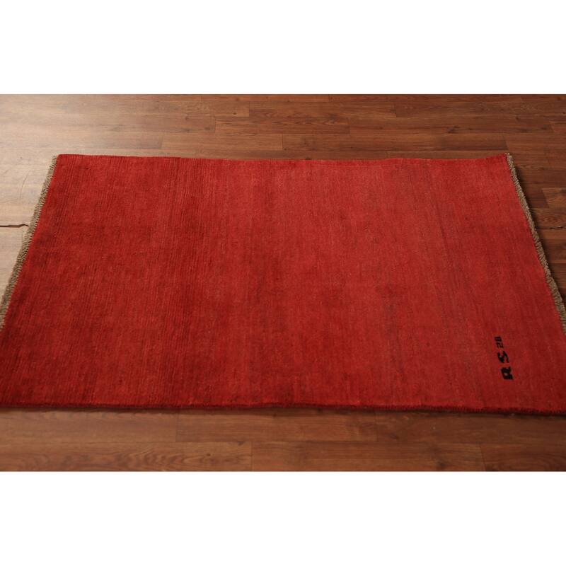 Modern Gabbeh Oriental Rug Hand-Knotted Red Wool Carpet - 2'9" x 4'2"