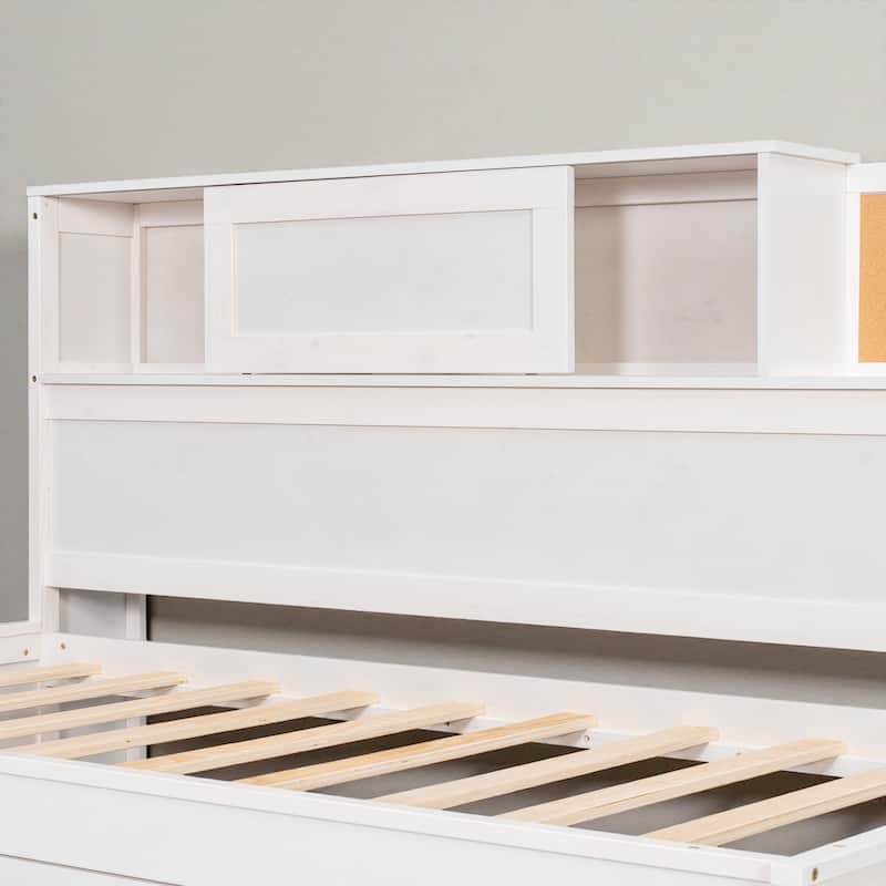 Twin Wooden Daybed with 3 Storage Drawers, USB & Outlet Ports, Pushable Top Shelf, Soft Board Headboard