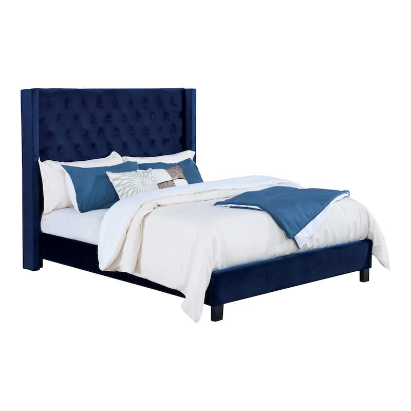 Velvet-like Fabric Upholstered Queen Bed with Wingback Headboard - Navy