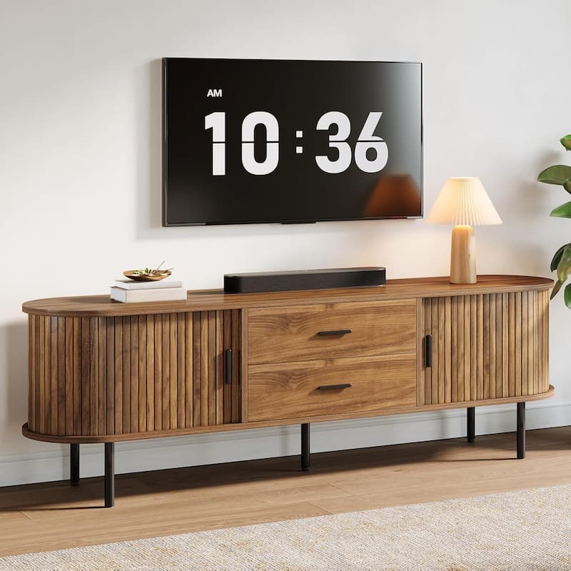 70.87" Walnut Mid-Century Modern Fluted TV Stand with Tambour Sliding Doors for Living Room