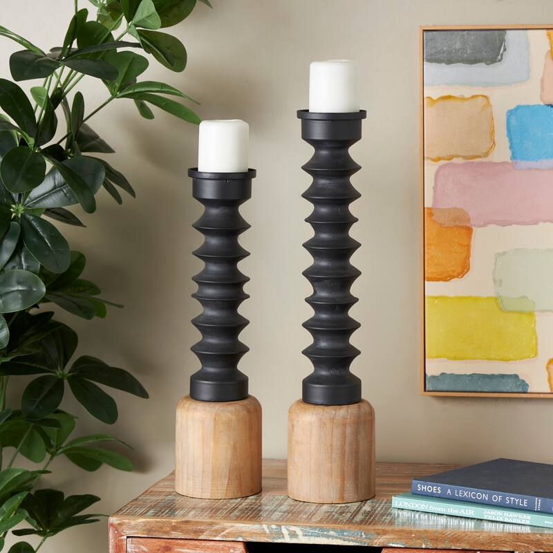 Black Metal Turned Style Candle Holder with Brown Wood Bases (Set of 2) - Black