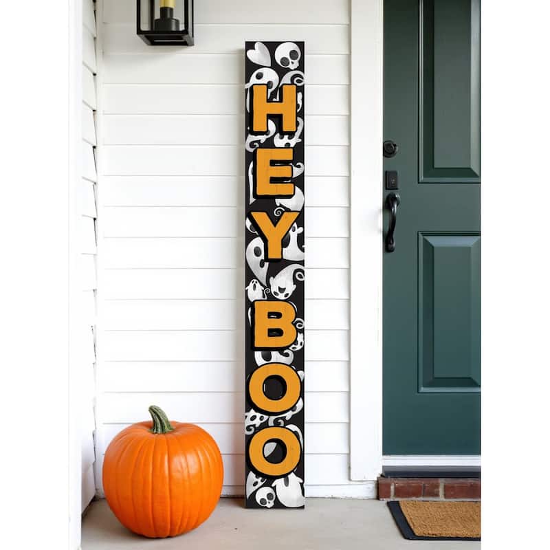 HomeRoots 72" Black Orange And White Solid Wood Hey Boo Halloween Ghost Porch Sign - Orange/White/Black - Wood