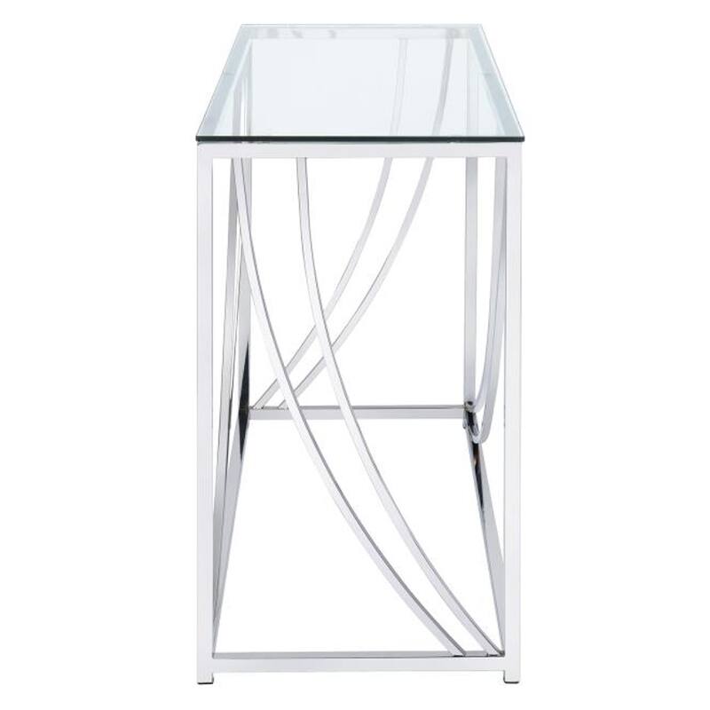 Glass Top Rectangular Sofa Table with Swooping Curves, Clear and Silver