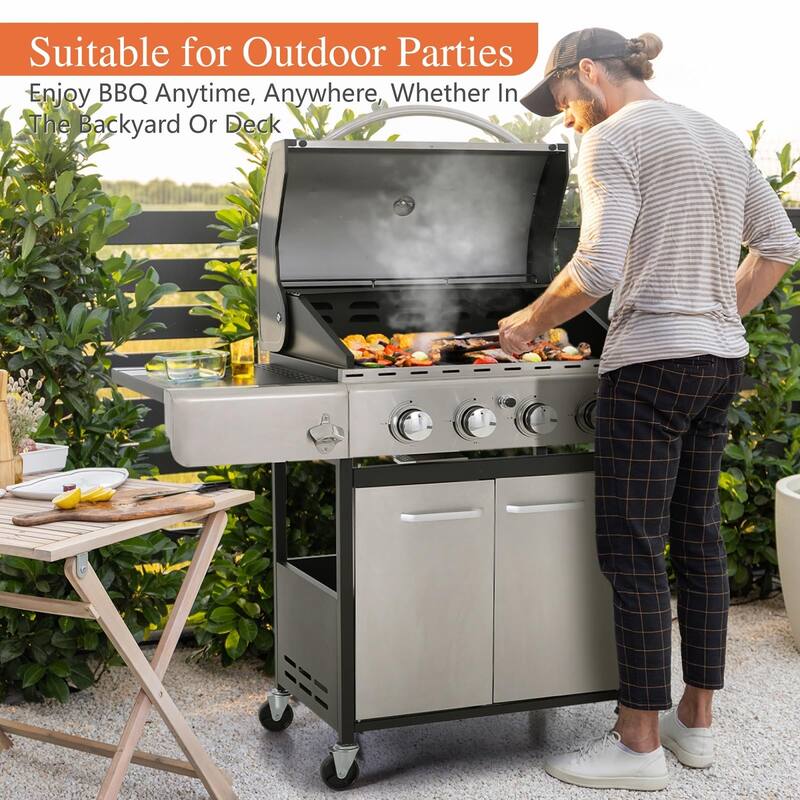 4Burner Gas BBQ Grill with Side Burner and PorcelainEnameled Cast