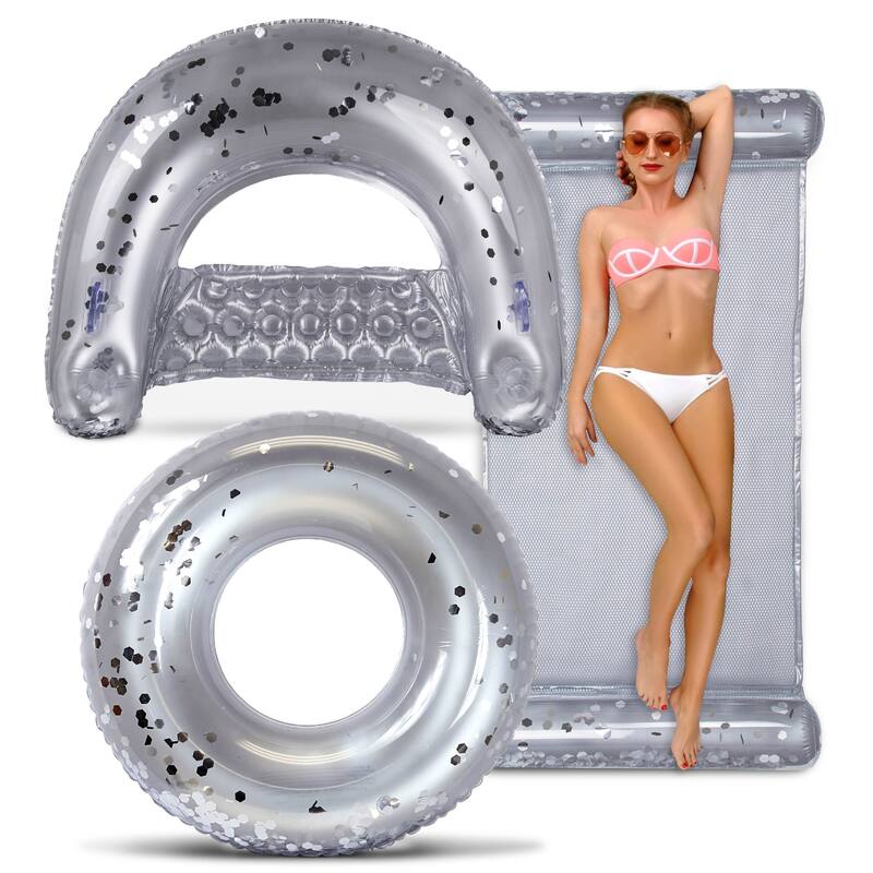 POZA Silver Inflatable Pool Floats Seating Bundle w/ Confetti - 3 Pack - ‎56 x 30 x 5 inches